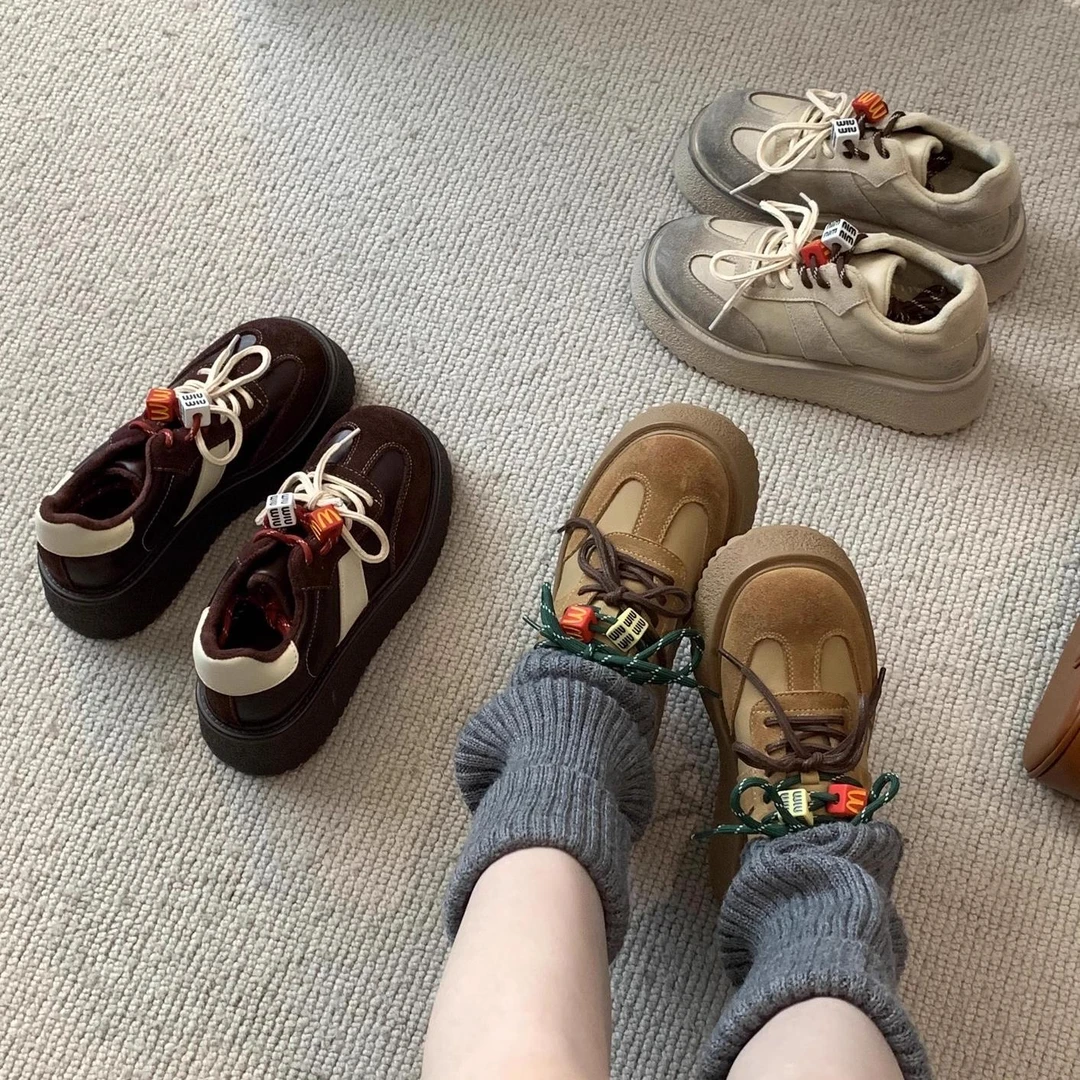 厚底真皮德训鞋女2024新款加绒做旧复古时尚百搭运动美拉德休闲鞋