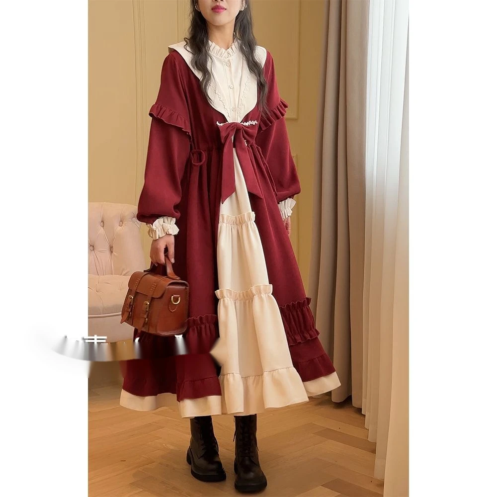 洛丽塔腰侧抽绳蝴蝶结木耳边立领连衣裙可爱减龄少女裙