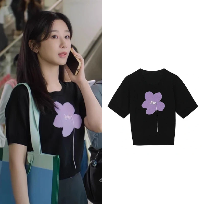 明星杨紫麦承欢同款冰丝短袖上衣夏季薄款黑色拼紫提花针织衫女夏