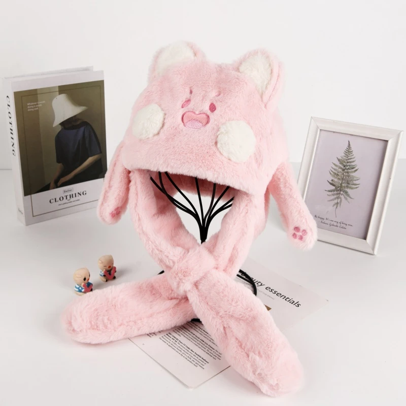 捏一捏耳朵会动可爱毛绒帽儿童帽子冬季保暖加厚围脖围巾连帽一体