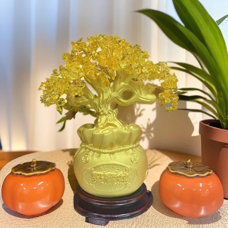水晶发财树摆件中式招财轻奢工艺家居客厅电视柜酒柜装饰品招財树