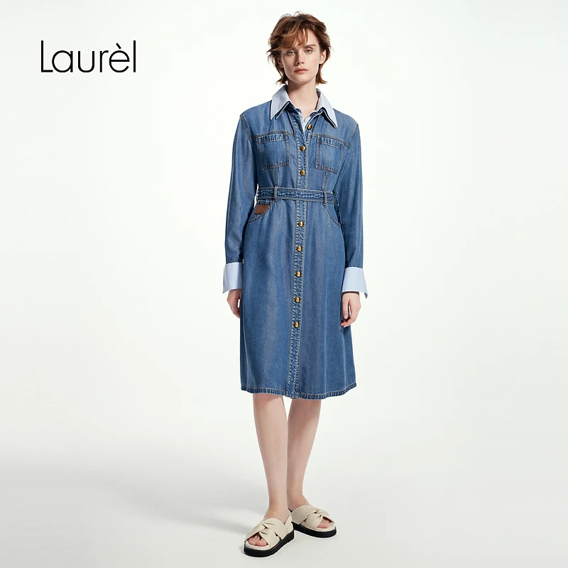 Laurel劳芮25新款复古牛仔蓝连衣裙女LWD361Y05700