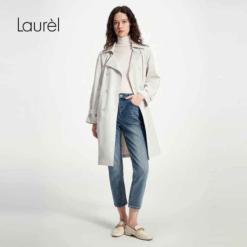Laurel劳芮25春新款月光灰翻领收腰风衣女LWD361F00200