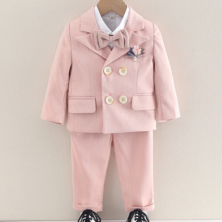 男童粉色小西装加绒加厚冬款宝宝周岁花童礼服男孩表演钢琴西服