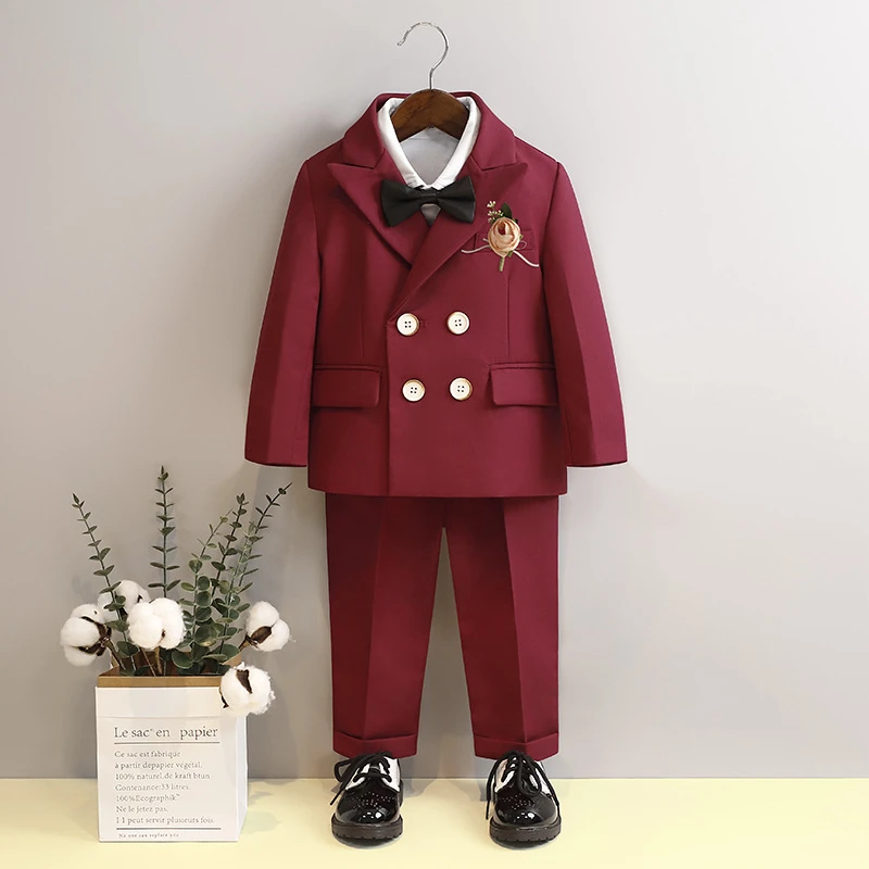 儿童西装套装宝宝周岁生日宴会红色礼服春秋男童英伦风西服表演服