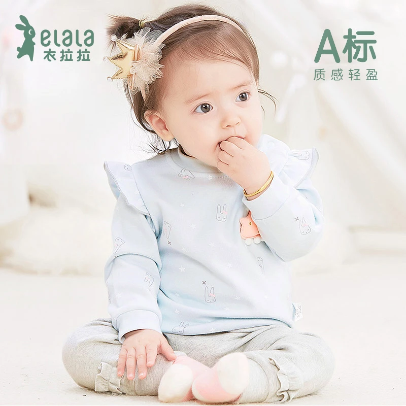 衣拉拉春秋款婴儿圆领套装0-1岁女童打底分体衣舒绒棉宝宝衣服潮