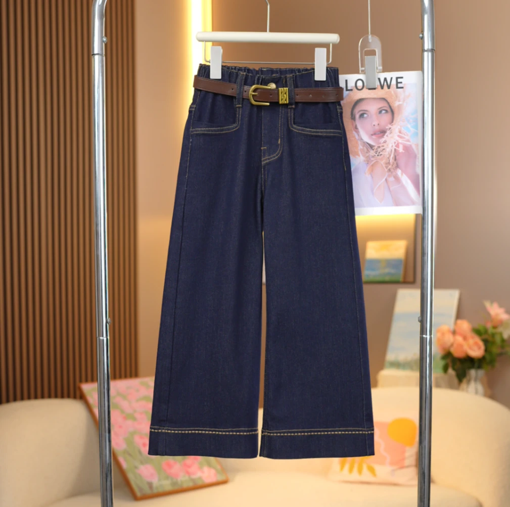 女童2025春夏新款窄版净色刺绣直筒裤中大童时尚百搭儿童牛仔裤潮