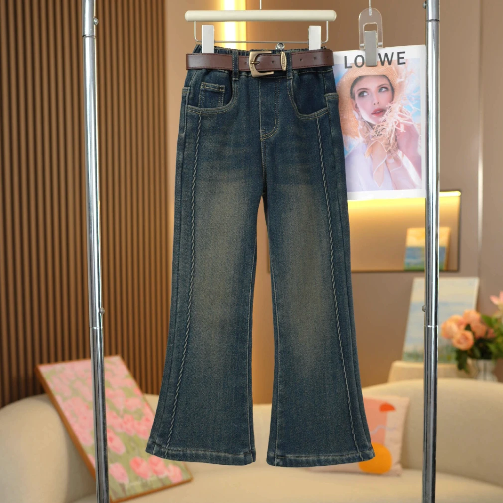 女童加绒设计款拼接弹力喇叭裤2024冬季新款中大童时尚儿童牛仔裤