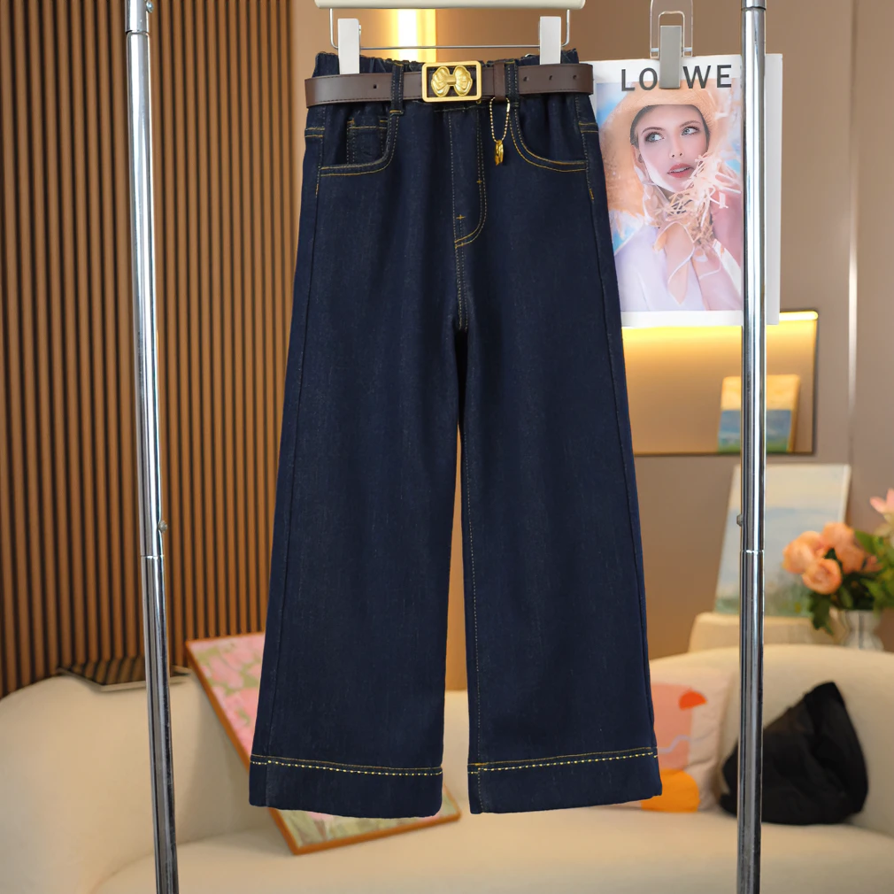 女童加绒脚口刺绣直筒阔腿裤2024冬季新款中大童时尚儿童牛仔裤潮