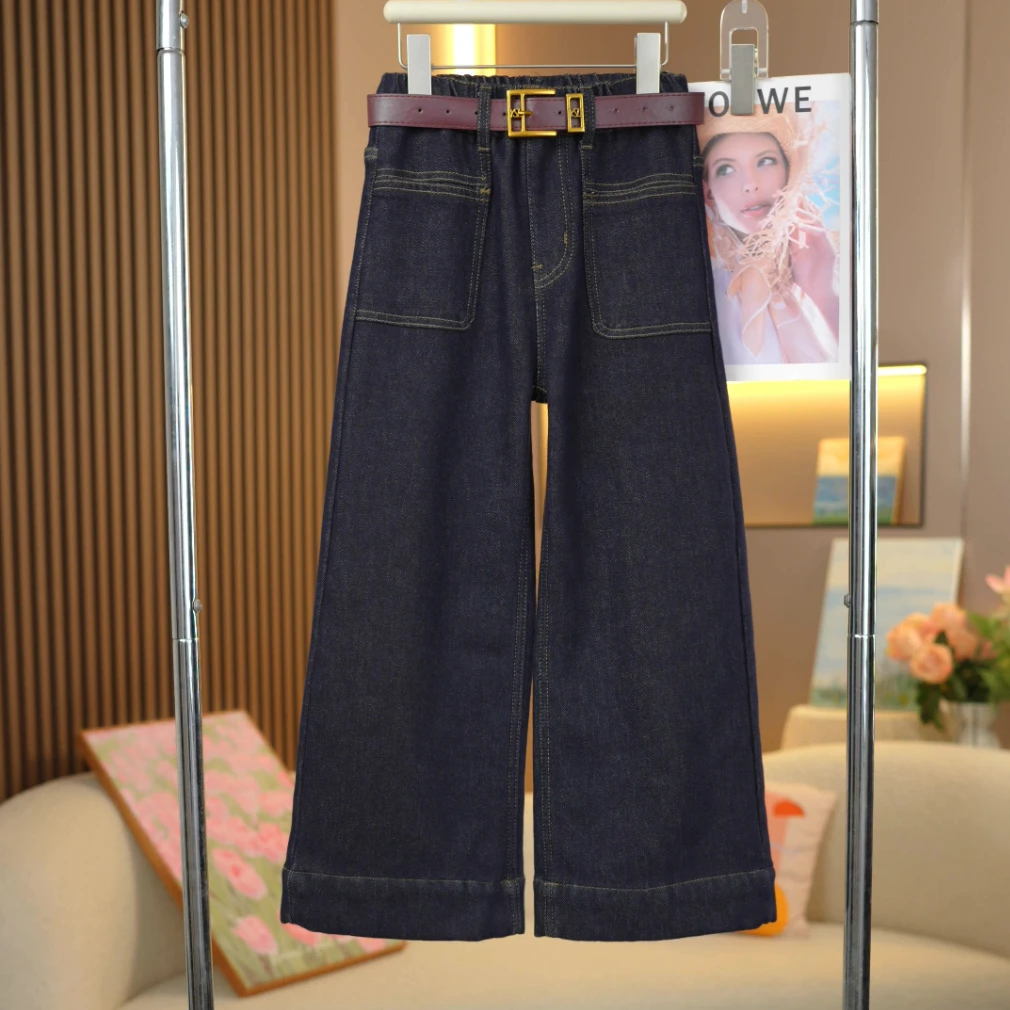 女童加绒净色拼接口袋阔腿裤2024冬季新款中大童时尚百搭牛仔裤潮