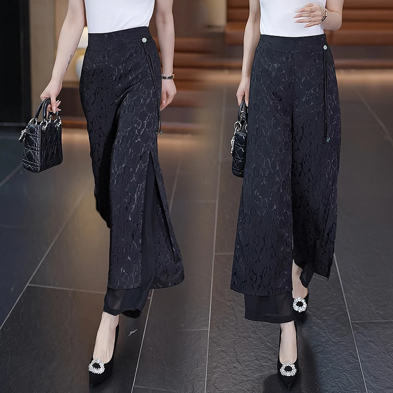 七八分国风阔腿裤宽松女薄2024夏季新款高腰窄版直筒垂感雪纺裙裤