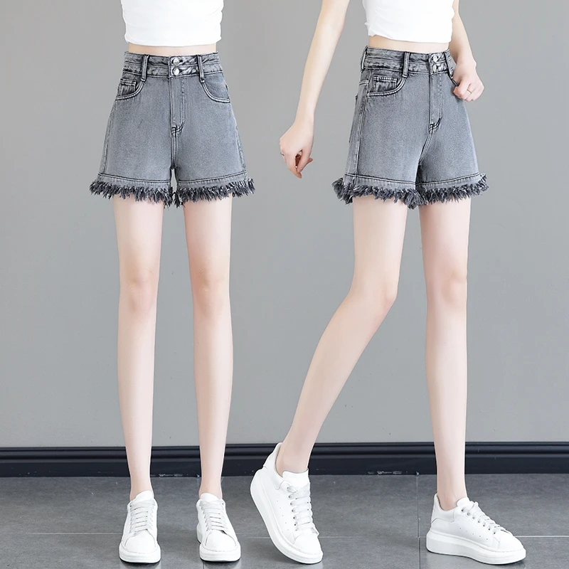 灰色牛仔短裤女2024年夏季新款高腰薄款小个子a字毛边阔腿热裤子