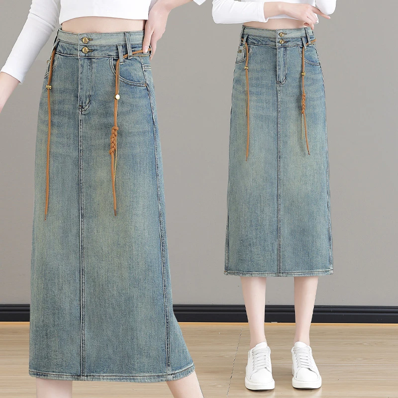 牛仔半身裙子女高腰中长款开叉裙春秋季新款显瘦百搭时尚半裙宽松