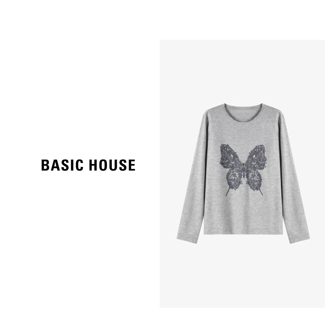 Basic House/百家好长袖时尚休闲百搭宽松灰色针织衫-B0624E52592