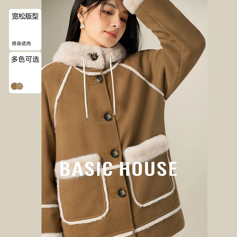Basic House/百家好初冬休闲连帽加厚保暖毛毛外套-B06245I0982