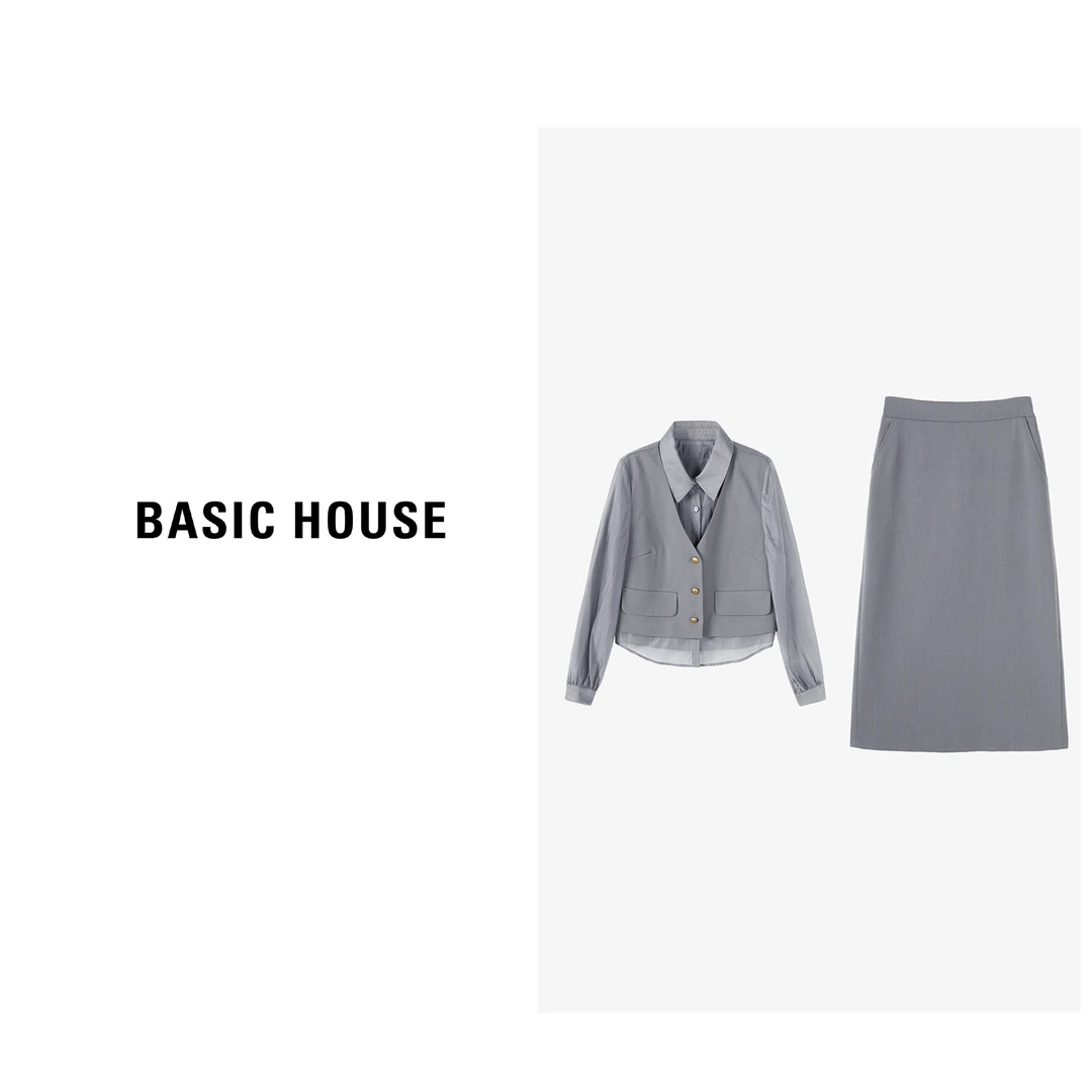 Basic House/百家好2024秋季新款灰色上衣+半裙套装B0624S5V342