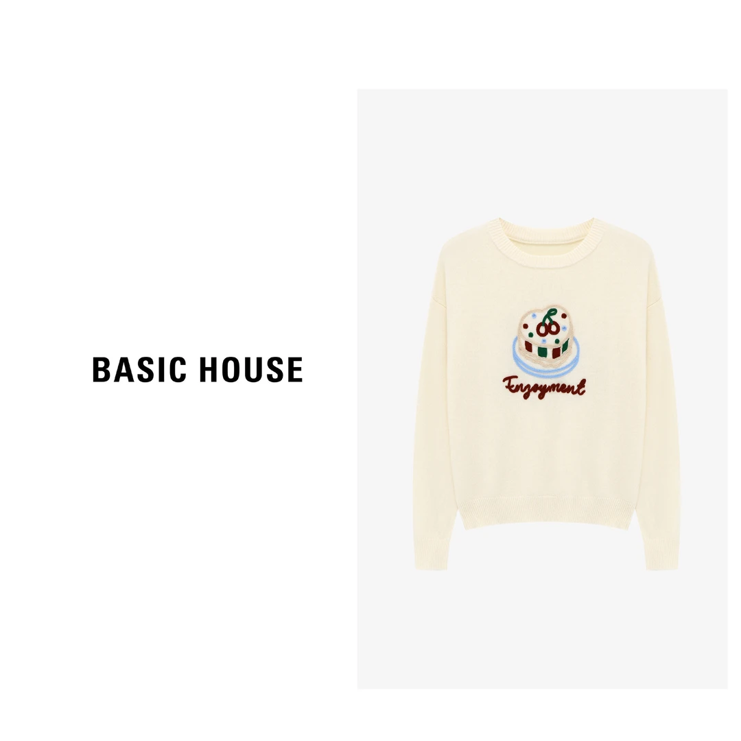 Basic House/百家好新款长袖针织休闲灰色印花毛衫-B06245A1202
