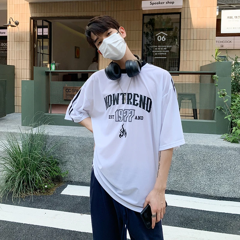 白口阳【网球校队】韩风透气圆领字母短袖休闲宽松百搭T恤男TT521