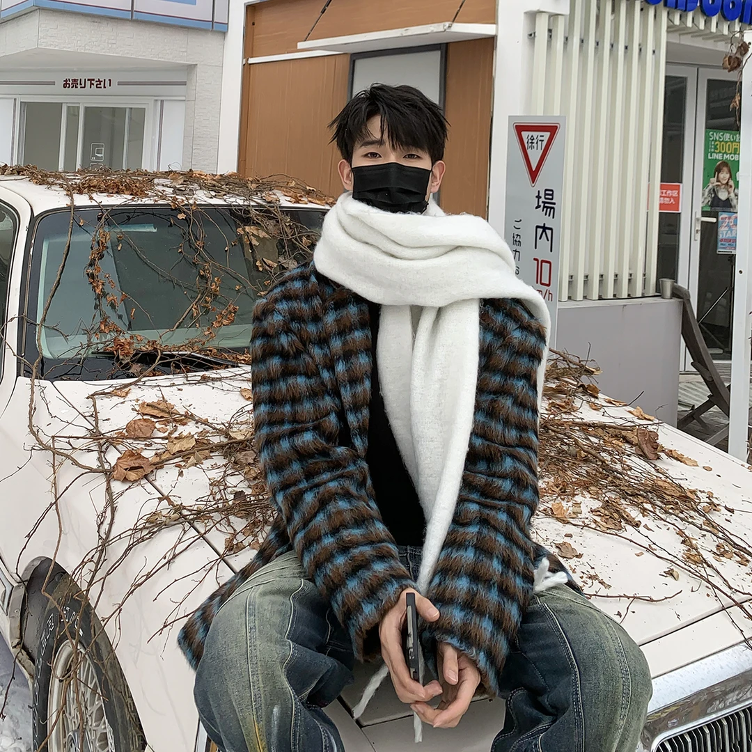 白口阳【爱琴海】韩风拼色格纹羊毛毛呢大衣休闲宽松呢子外套男1622