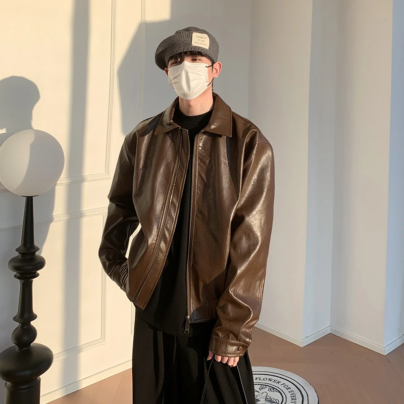 白口阳韩风新款潮流廓形复古短款皮衣夹克外套J136男生男款