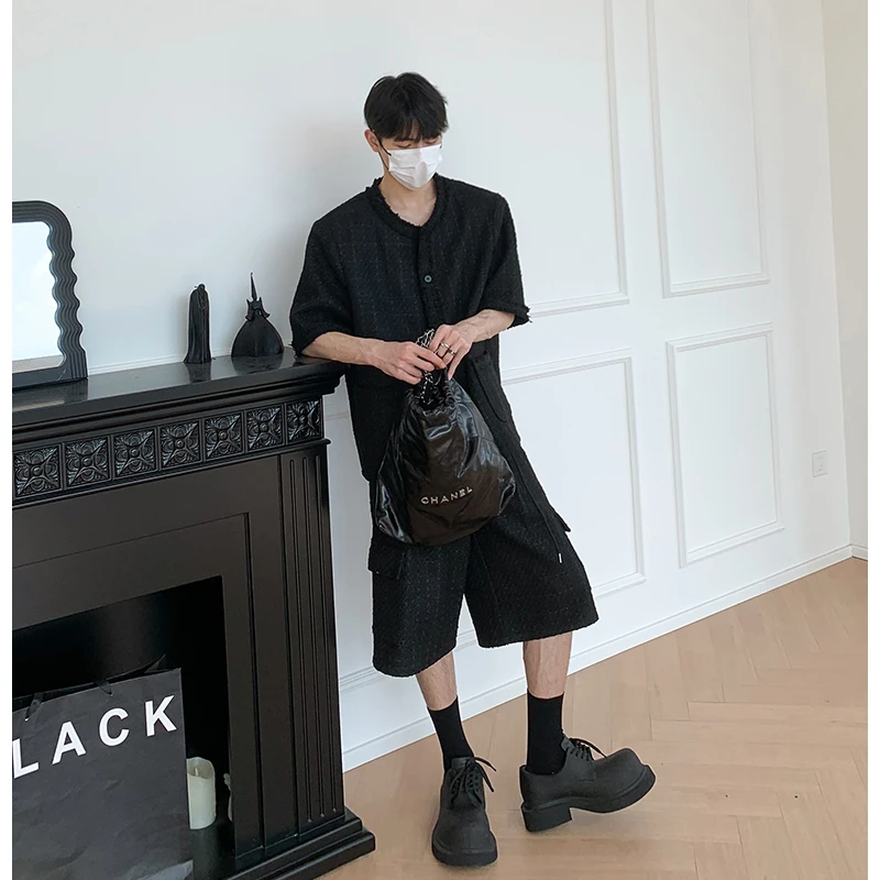 白口阳 小众设计感小香风编织套装休闲宽松百搭痞帅短袖短裤TZ112