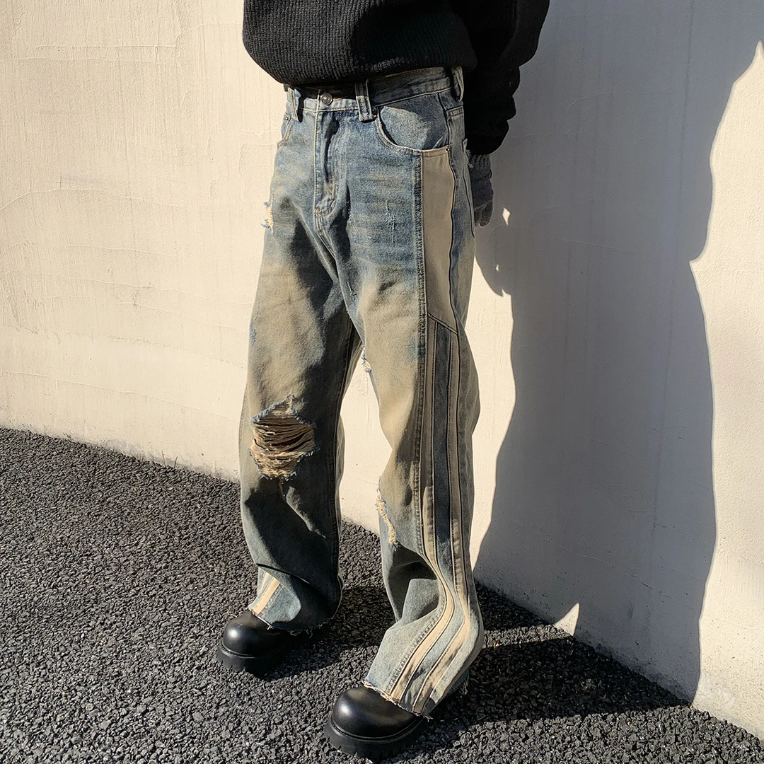 白口阳【长岛冰茶】废土风破洞巴黎黄牛仔裤休闲直筒毛边长裤38199