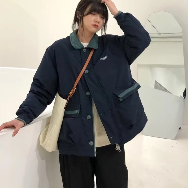 冬季潮牌日系撞色翻领工装棉服外套男潮ins韩版宽松休闲百搭棉衣