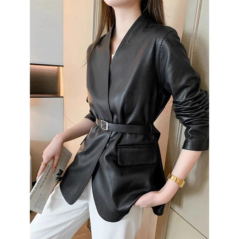 V领鹿纹真皮皮衣女春季新款时尚气质荔枝纹绵羊皮中长款宽松外套