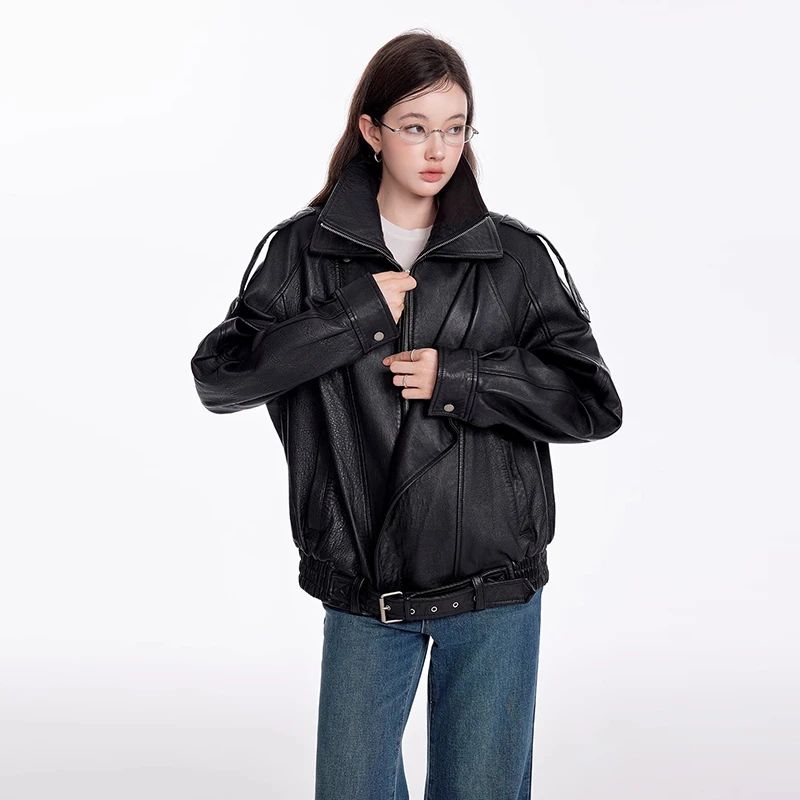 双层翻领皮夹克外套皮衣外套女宽松阔版羊皮机车夹克2024春秋新款