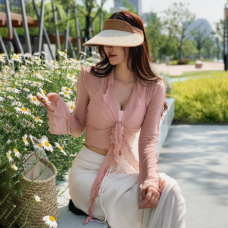 【KAKA专属】奔跑吧卡卡网纱木耳边喇叭袖瑜伽服透气开衫上衣女夏