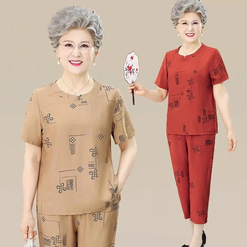妈妈夏装套装洋气奶奶短袖衣服中老年女装老太太上衣老年人两件套