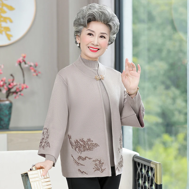 气质妈妈秋装外衣老太太上衣两件套装中老年人女奶奶秋季毛衣开衫
