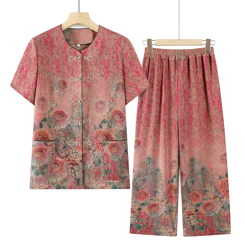 妈妈夏装套装中老年女上衣老年人两件套洋气雪纺t恤奶奶休闲衣服