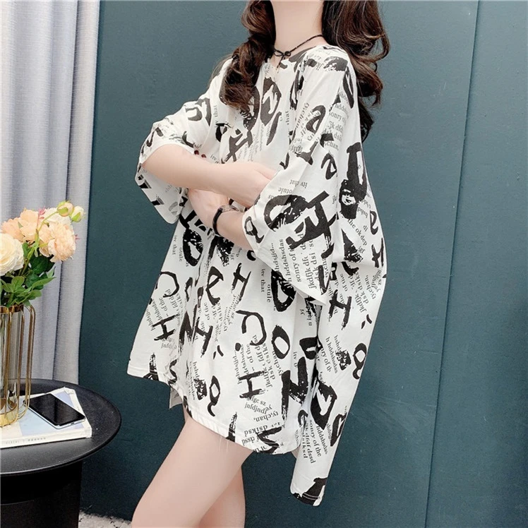 2025夏季新款短袖T恤女韩版宽松大码设计感开叉中长款半袖上衣服