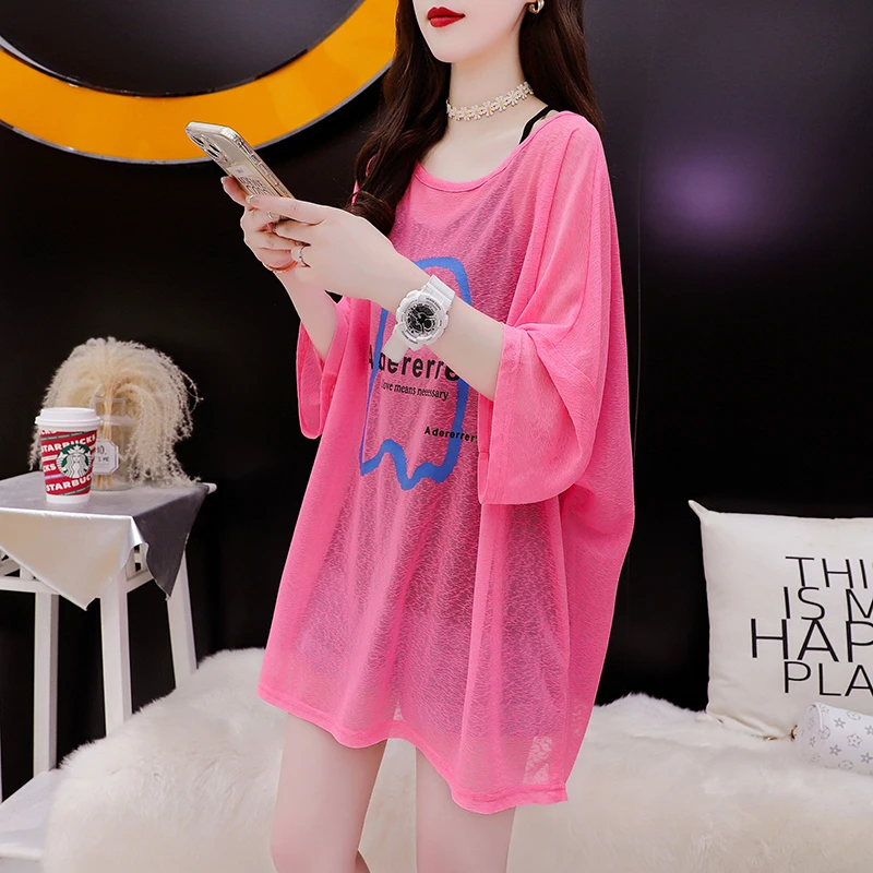 中长款冰丝短袖t恤女夏季2025新款防晒衣宽松大码防晒服薄款上衣