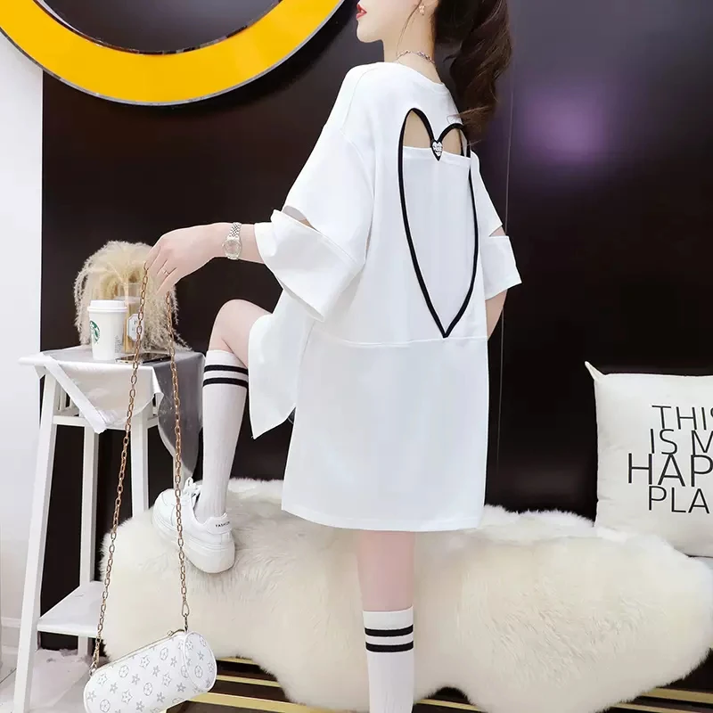 设计感小众独特别致镂空短袖T恤女夏2025新款中长款露背开叉上衣