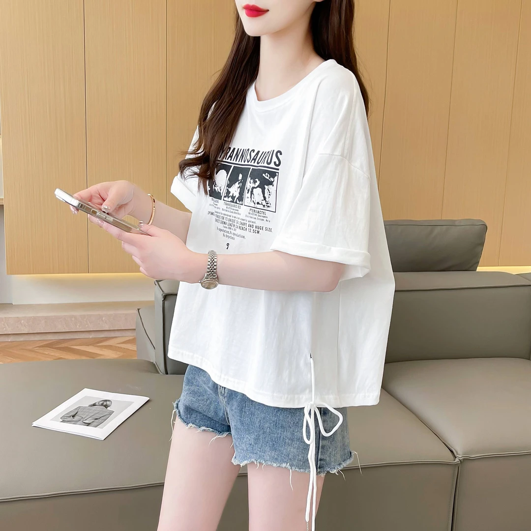 2025夏季新款开叉抽绳纯棉短袖t恤女宽松大码时尚洋气短款上衣潮