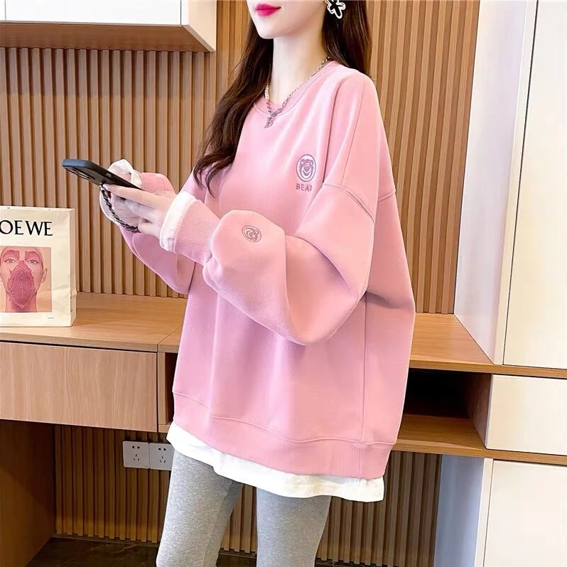 圆领假两件刺绣卫衣女2025秋冬新款宽松洋气减龄上衣加绒加厚外套