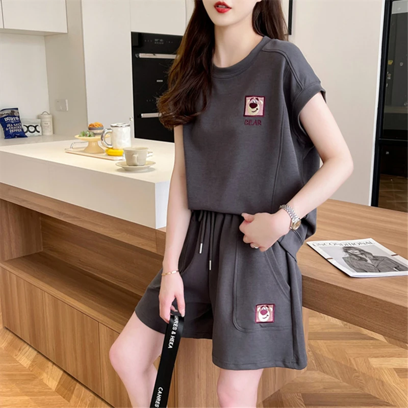 2025夏季新款女士运动服套装休闲时尚两件套短袖短裤小个子大码