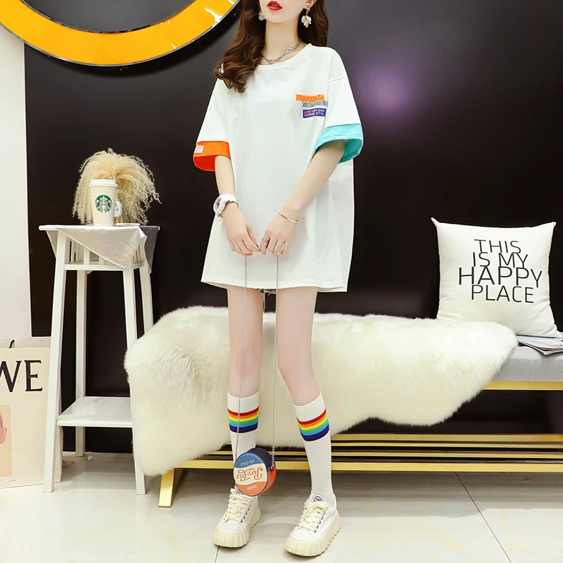 网红ins超火短袖t恤女夏韩版宽松大码中长款假两件港风上衣体桖潮