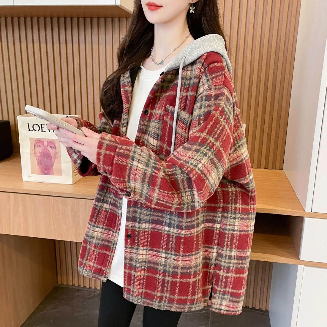 复古格纹毛呢外套春秋季2025新款磨毛衬衫宽松休闲设计感连帽衬衣