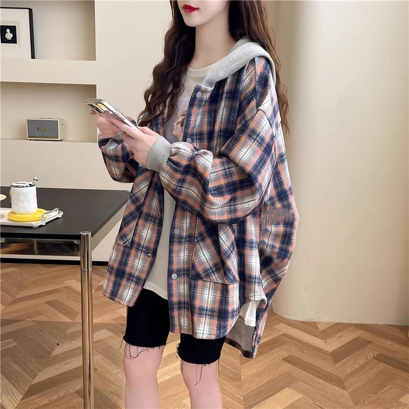 宽松慵懒风百搭格子连帽外套女2025新款春秋洋气减龄韩版开衫上衣