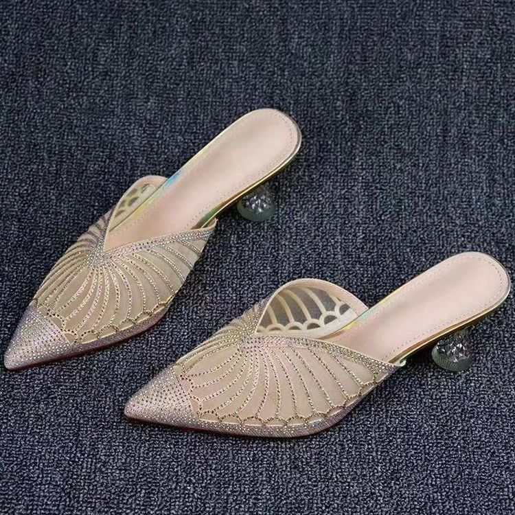 时尚气质夏季新款粗跟女士单鞋水晶鞋女包头高跟女凉拖镂空凉鞋