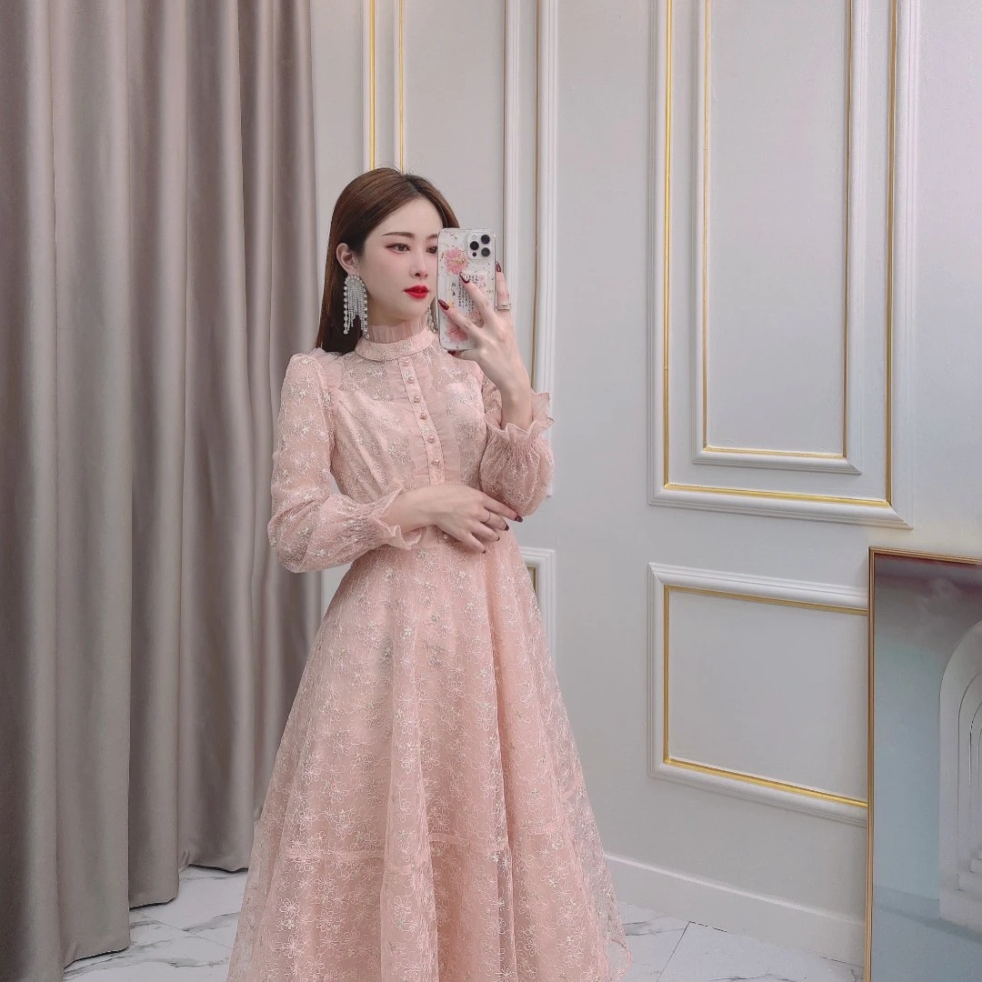 【十里桃花】春季新款轻奢名媛风高腰蕾丝连衣长裙 DY210