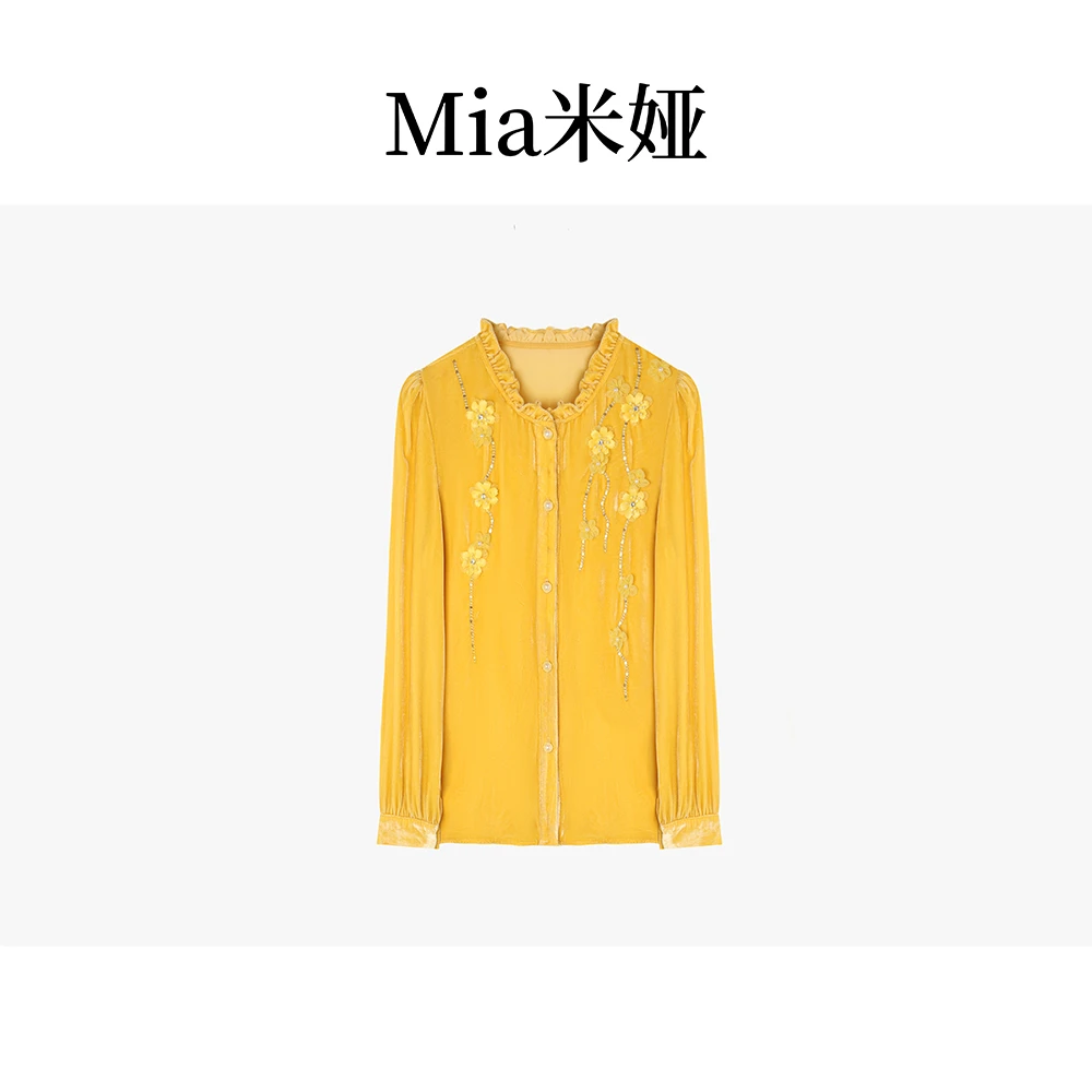 【黄腊梅】春季新款气质绣花百搭金丝绒长袖上衣时尚减龄衬衫DY5348