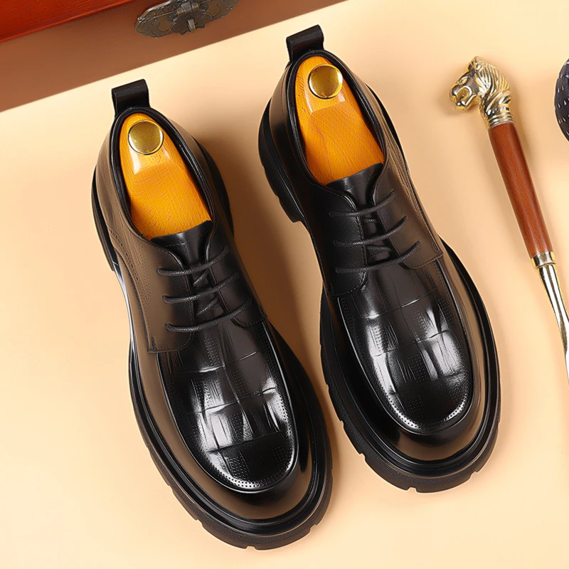 厚底增高头层牛皮高定系带商务休闲皮鞋男时尚高级感真皮男鞋