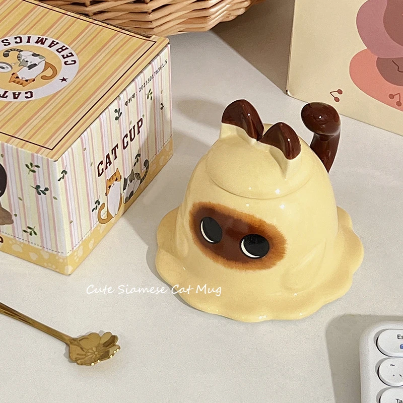（拍一拆一）可爱猫咪马克杯带盖勺创意陶瓷水杯生日礼物女生