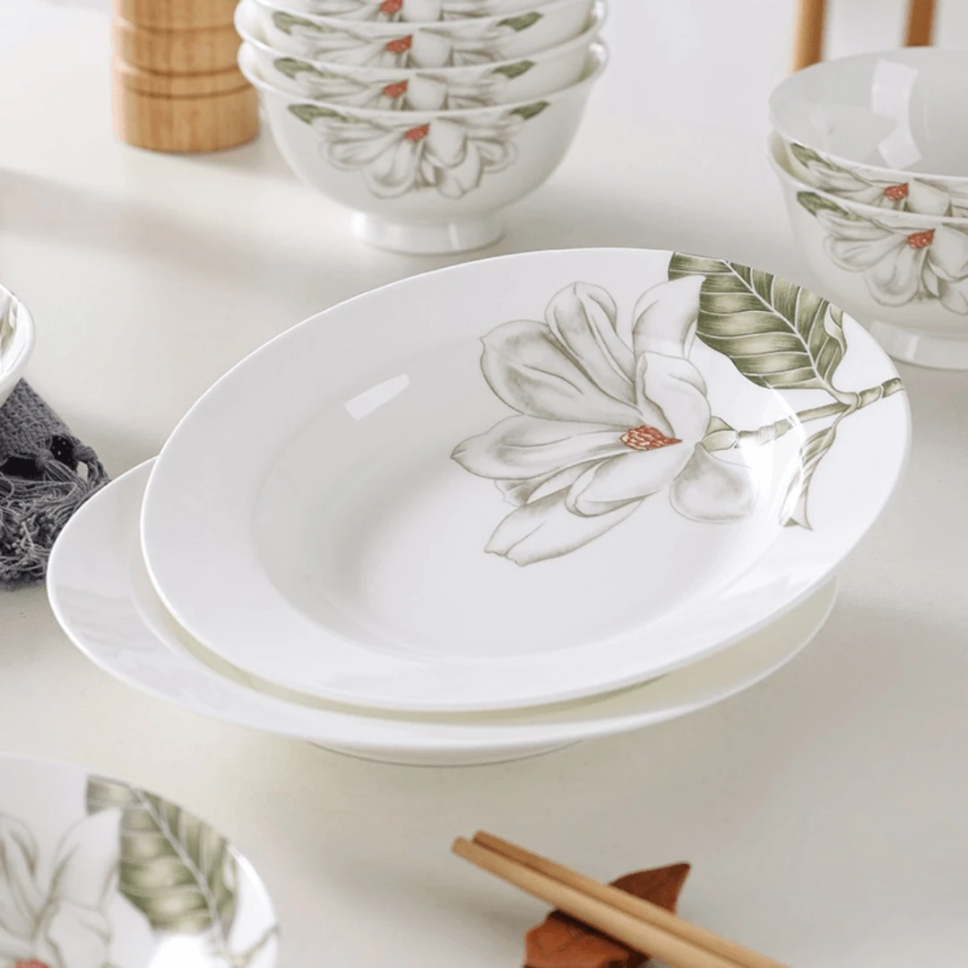 【铭策优品】高档骨瓷玉兰赋家用中式8英寸深盘6支装