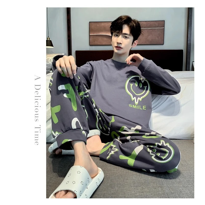 男士睡衣长袖纯棉春秋季薄款卡通青少年加大码秋款男款家居服套装