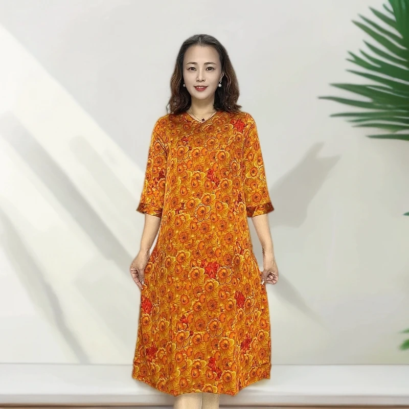 [雏菊]七分袖显瘦气质中长款连衣裙